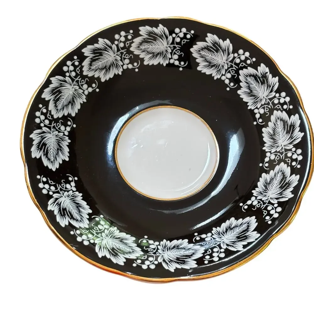Vintage Windsor teacup & saucer set black & gold trim bone china Made in England